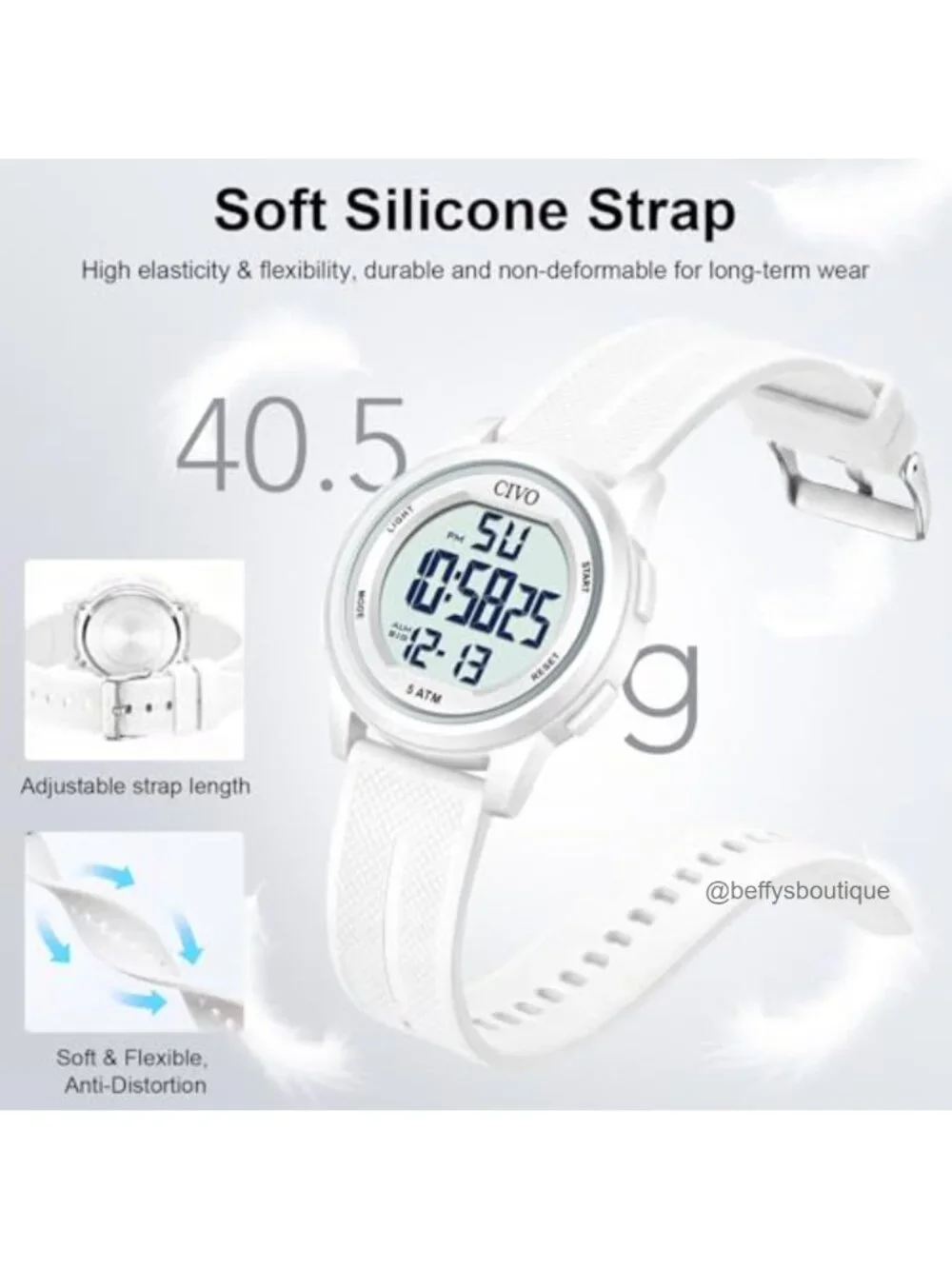 Waterproof 44mm Sport Watch Stopwatch Alarm Silicone Strap